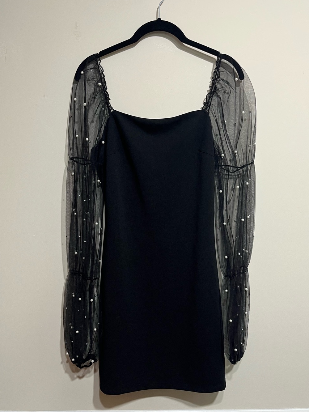 Black Mini Dress with Sheer Pearl-Embellished Sleeves